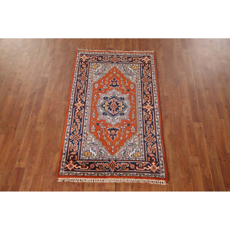 Orange Geometric Heriz Serapi Oriental Accent Rug Handmade Wool Carpet - 2'11"x 4'11"