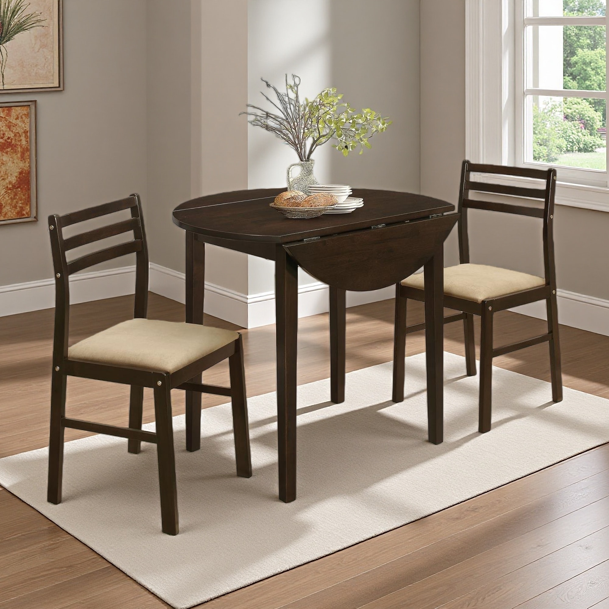 3-Piece Natural Dining Set with Drop Leaf Round Table & 2 Upholstered Chairs
