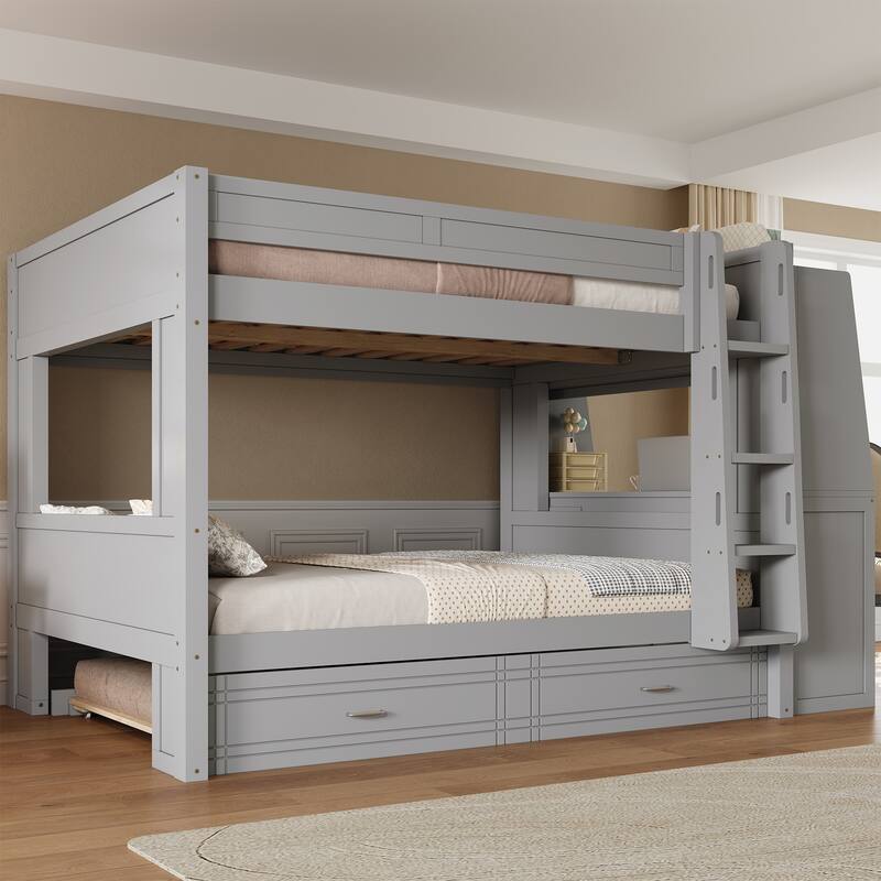 Full Size Multifunctional Bunk Bed Frame with Bookshelves, Desk and Cabinet, Optional with Pull-out Drawers or Trundle Bed