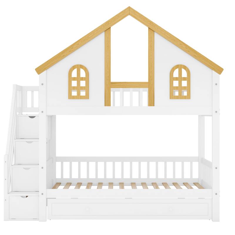 Roomfitters Twin Over Twin/Full Over Full House Bunk Bed with Trundle, Storage Staircase and Roof, White and Natural