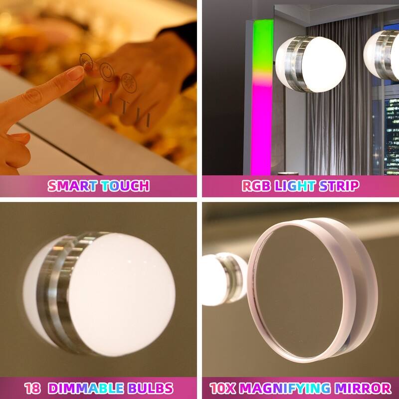 VANITII Hollywood Vanity Makeup Mirror With RGB Strip Lights-18 Dimmable LED Bulbs 32'' x 23'' Wall Mount