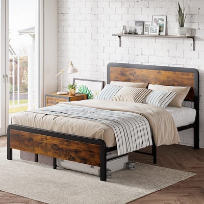 Platform Bed Frame with Headboard Safe Rounded Corners & Strong Metal Slats Support