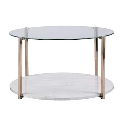 33" Modern Glam Round Coffee Table with Gold Metal Frame Glass Top and Marble Shelf for Living Room - 33”L x 33”W x 18”H