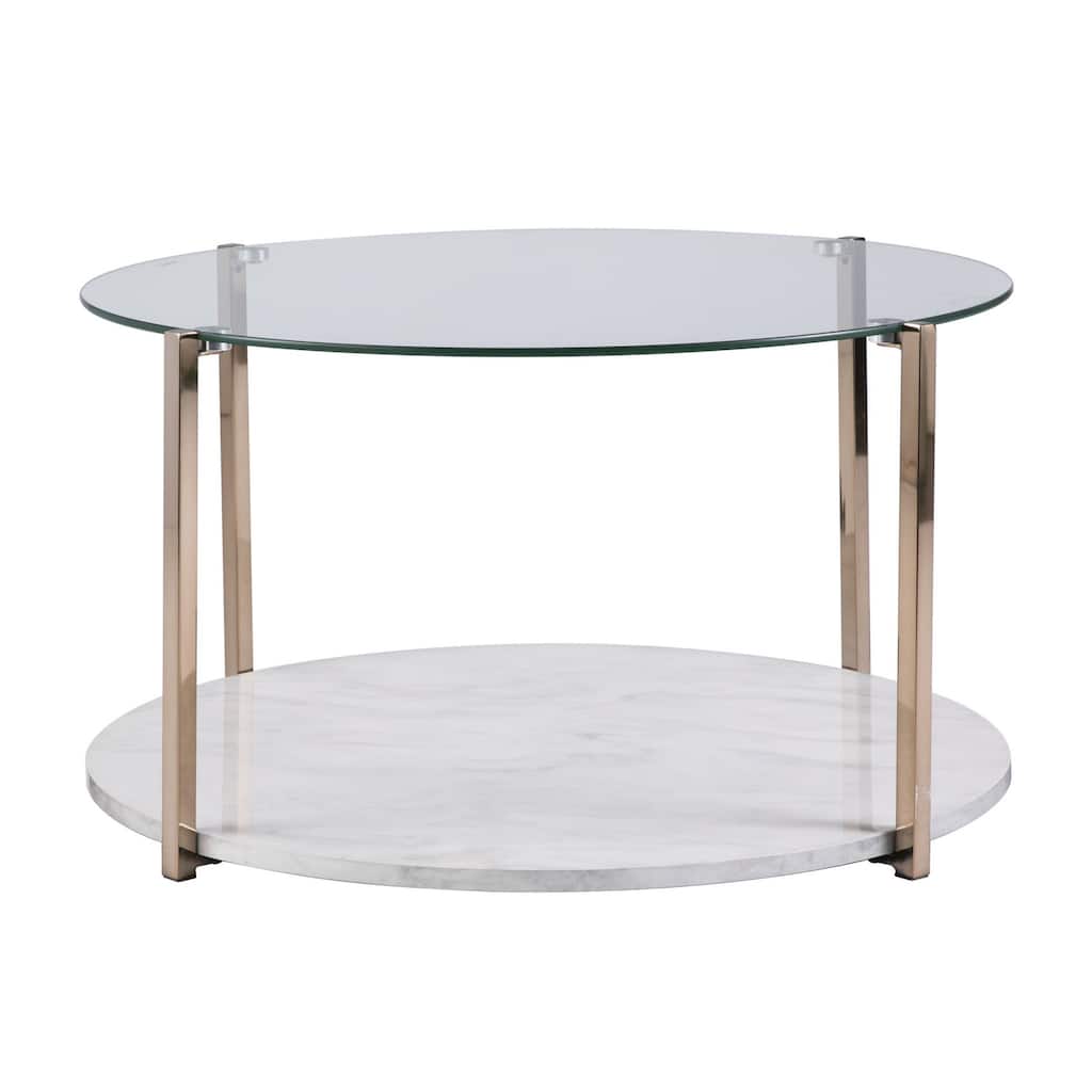 33" Modern Glam Round Coffee Table with Gold Metal Frame Glass Top and Marble Shelf for Living Room - 33”L x 33”W x 18”H
