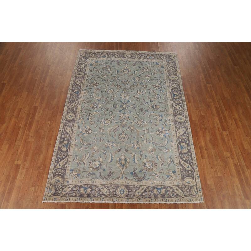 Floral Blue Tabriz Persian Rug Hand-Knotted Distressed Wool Carpet - 6'5"x 9'7"
