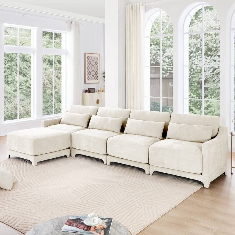 Chenille Upholstered Sofa with Lumbar Pillows - White(4 Seat+1 Ottoman)