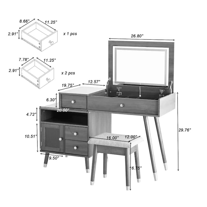 Extendable Makeup Dressing Table with Stool, 3-in-1 Makeup Vanity Desk with Flip-Top Mirror & 3-Color LED Light, White