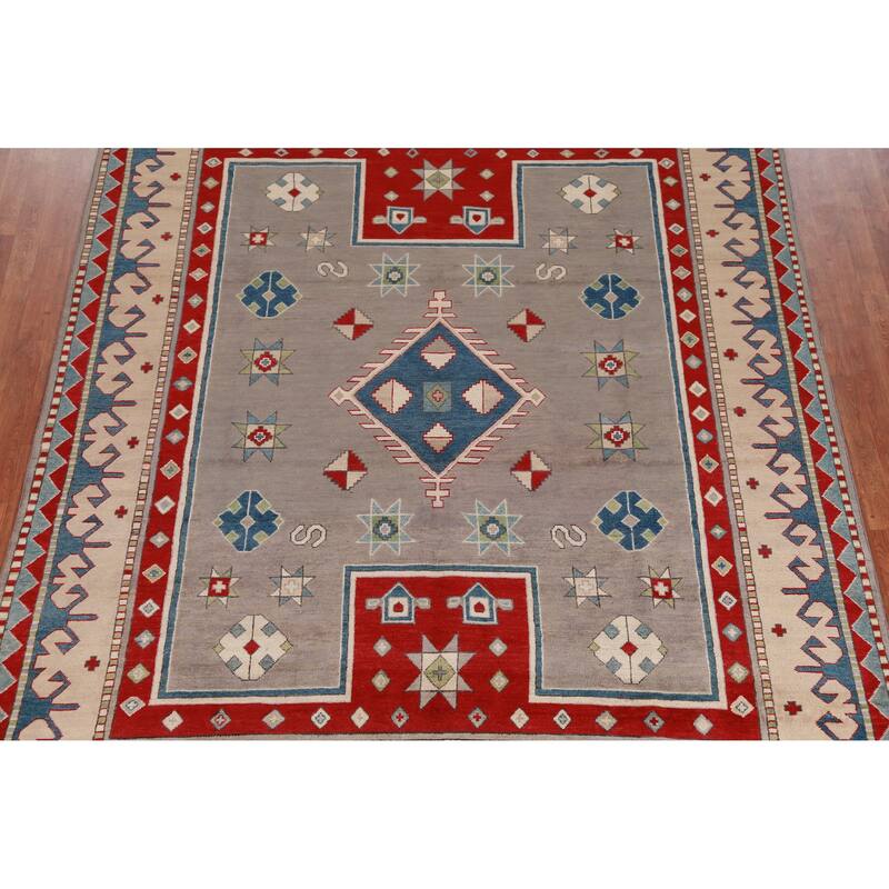Hand Knotted Oriental 100% Wool Carpet Traditional Geometric Greys & Charcoal Kazak Area Rug - 9' 6'' X 7' 9''