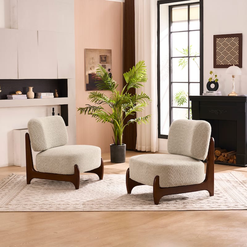 30"W Mid-Century Modern Accent Chair with Solid Wood Frame, Boucle Comfy Living Room Chair for Bedroom Lounge Reading Room - Set of 2 - Green
