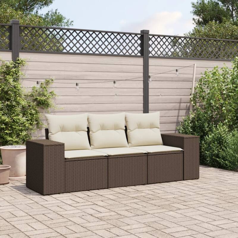vidaXL Patio Sofa Set with Cushions Outdoor Furniture 4 Piece Poly Rattan - Brown and cream without table - 24.4 x 36.6 x 27.2