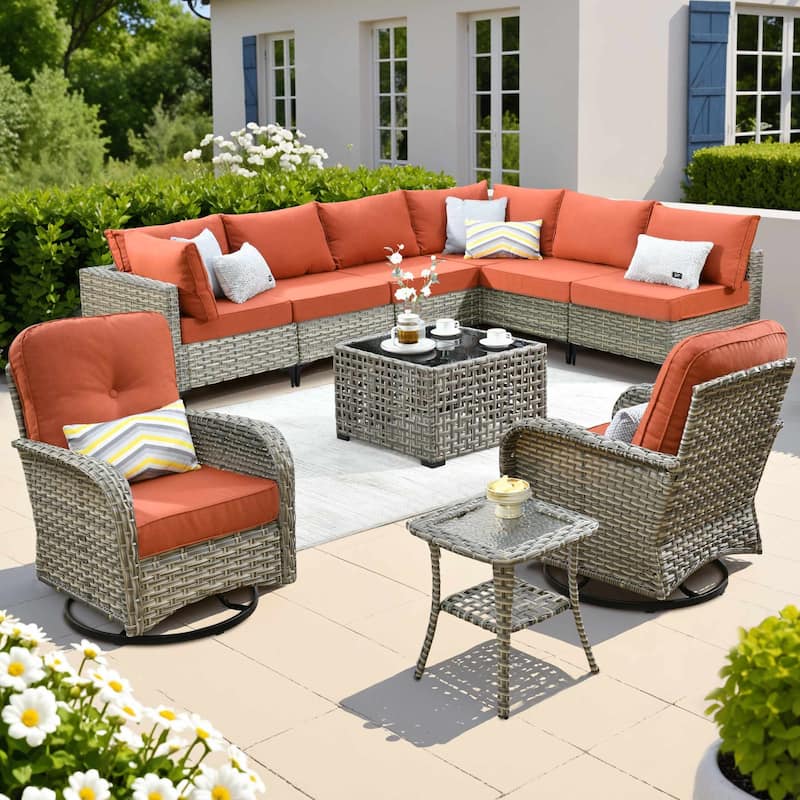 OVIOS 10 Pieces Outdoor Wicker Swivel Chair Set With Solar-Powered Coffee Table