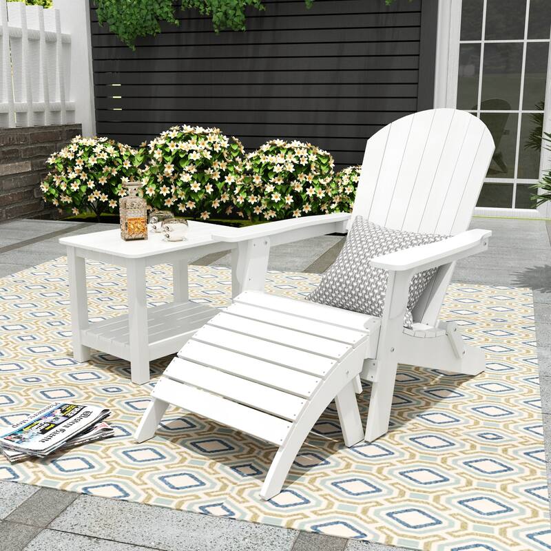 Vineyard HIPS Outdoor Folding Eco-Friendly Seashell Adirondack Chair with Ottoman & Side Table (3-Piece Set) - White