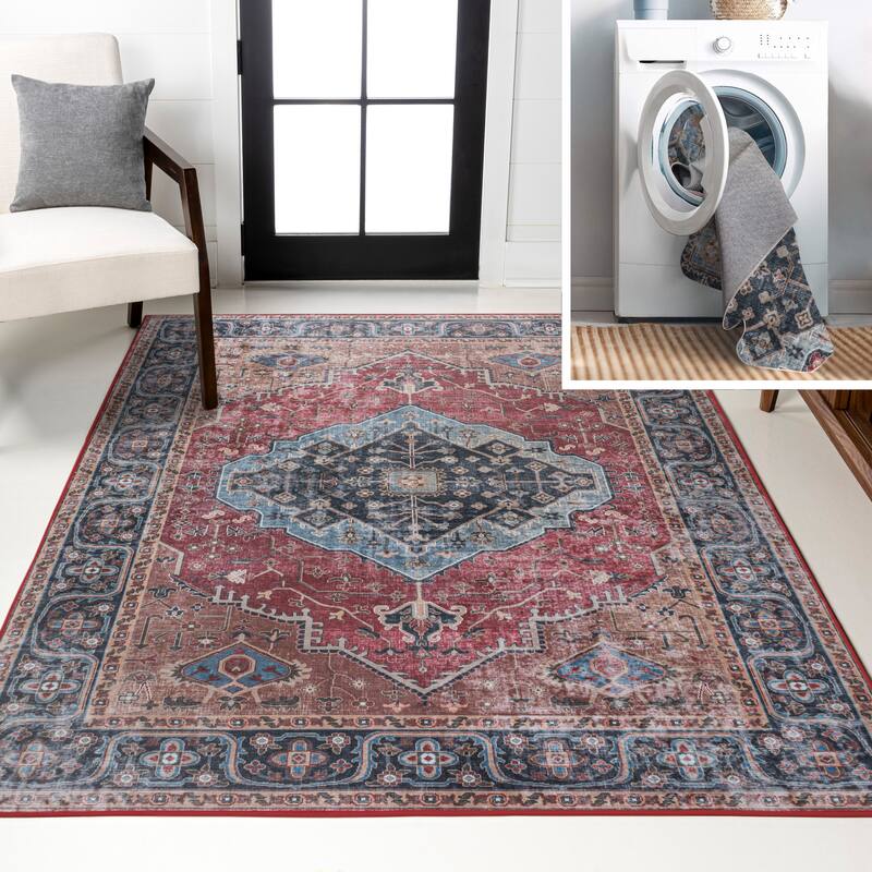 JONATHAN Y Kemer Ogee Medallion Machine Washable Area Rug - 5 X 8 - Red/Blue/Brown