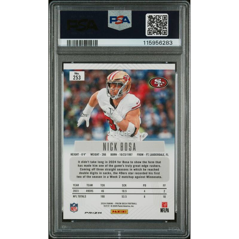 Nick Bosa 2024 Panini Prizm Deca Red Football Card #253 Graded PSA 10 103/199 Cert # 115956283 - 8' x 11'