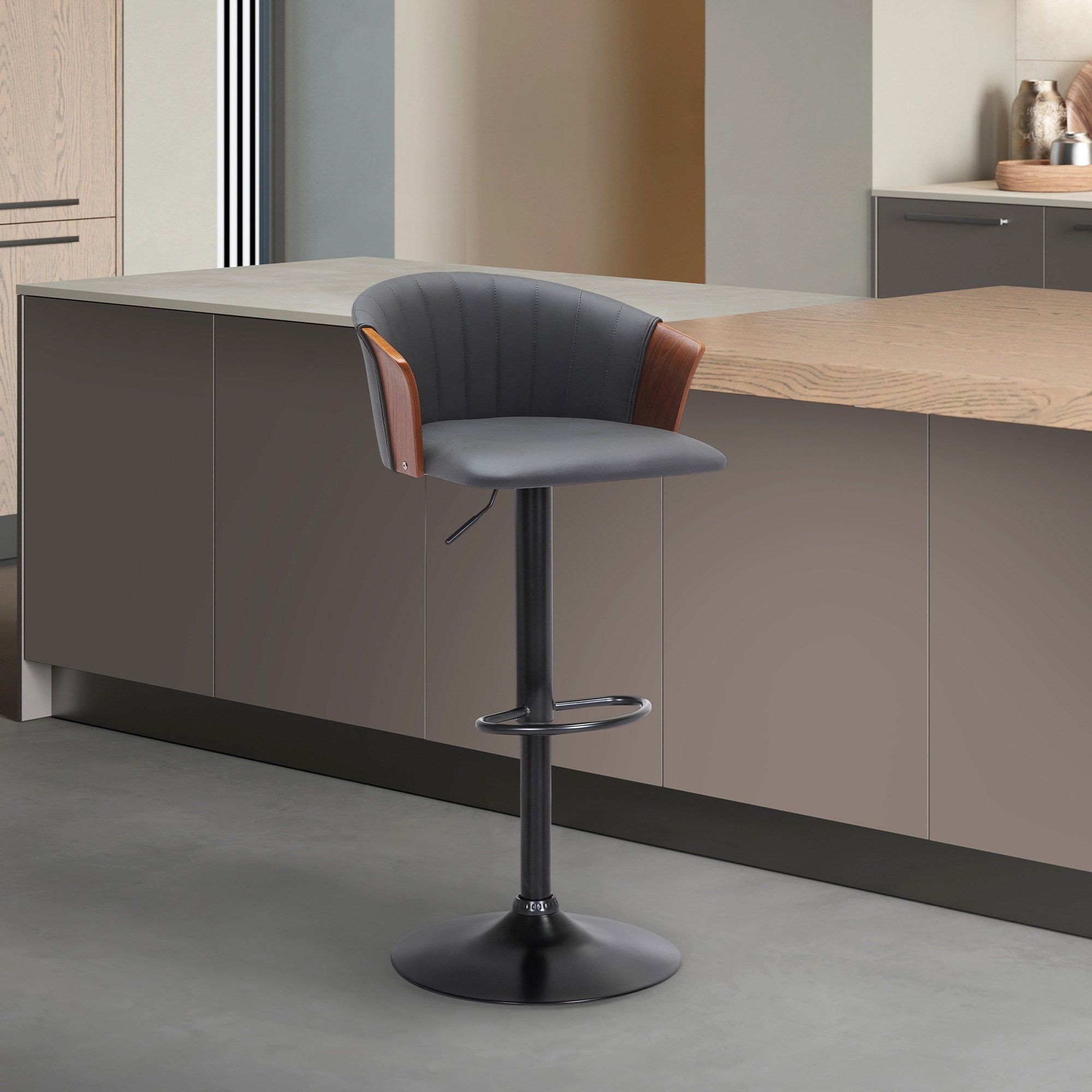 Lydia Upholstered Adjustable Wood Bar Stool with Black Metal Base