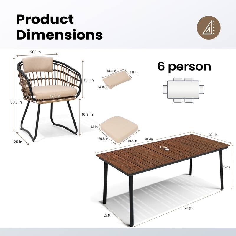 7PC Outdoor Patio Dining Set With Umbrella Hole Table Rattan Chairs