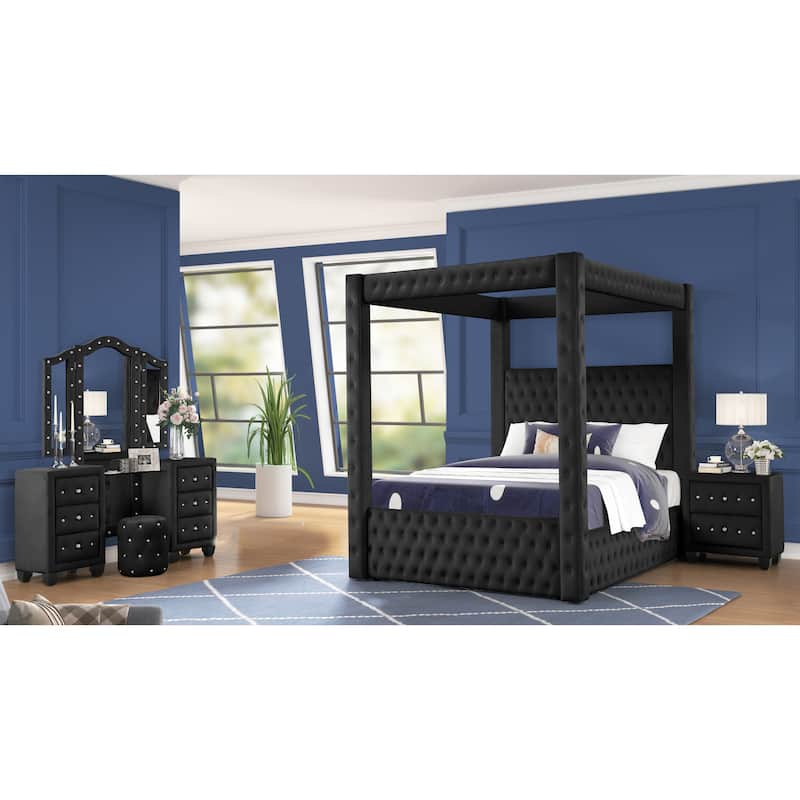 Monica Modern Style Crystal Tufted 4PC/5PC Vanity Bedroom Set Made with Wood