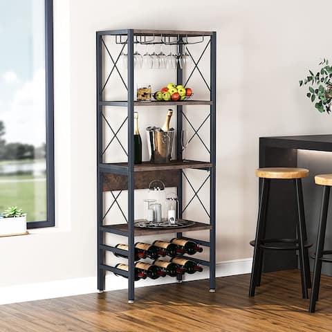 Industrial Wine Baker Rack Table with Wine Storage & Glass Holder