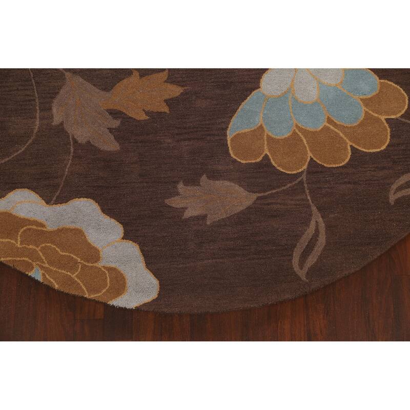 Brown Contemporary Floral Oriental Area Rug Hand-tufted Wool Carpet - 10'0" x 10'0" Round