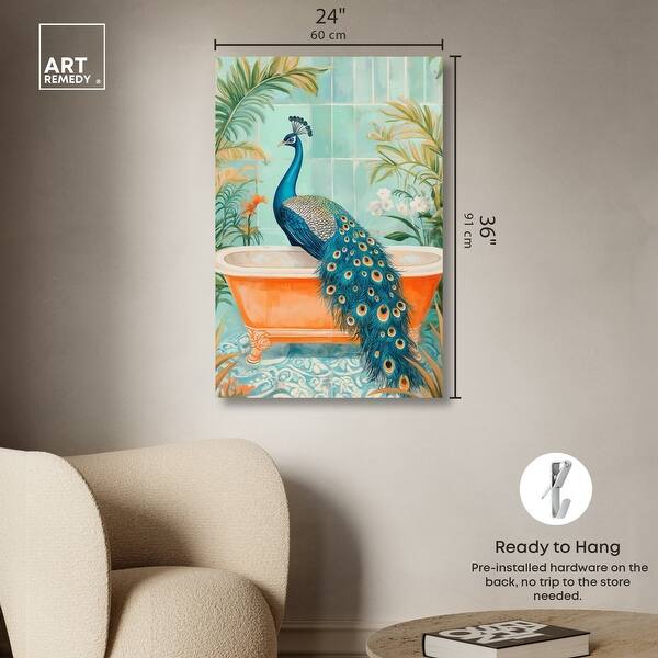 dimension image slide 4 of 6, Elegant Peacock Bath Canvas Jungle Bathroom Art by Art Remedy