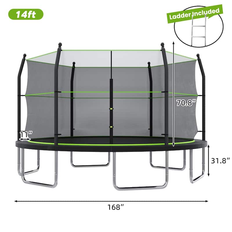 Toddler Trampoline - Safety Enclosure, Basketball Hoop & Ball, Indoor Outdoor Use - Black+Green - 168