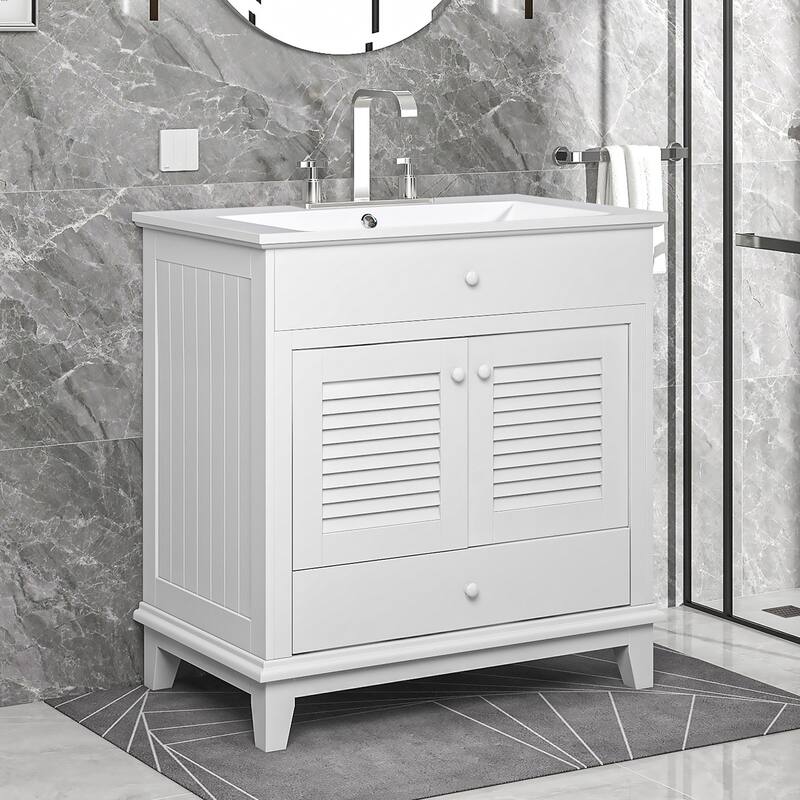 30" Bathroom Vanity with Sink, Bathroom Cabinet with Two Doors and One Drawer, White - White