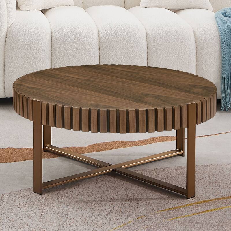 Modern Handcraft Drum Coffee Table 31.5 inch Round Coffee Table for Living Room,Small Coffee Table with Sturdy Pedestal - Walnut