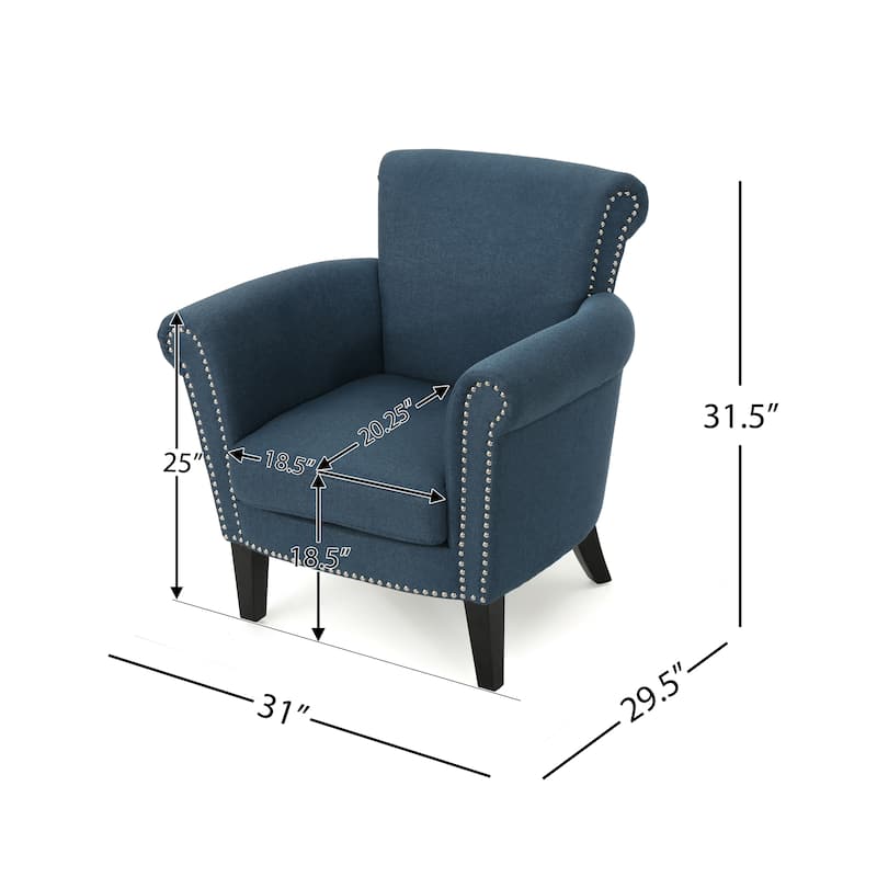 Roomfitters Rolled Arm Accent Chair with Nailhead Trim and Tapered Wood Legs, Upholstered Armchair for Living Room, Navy Blue