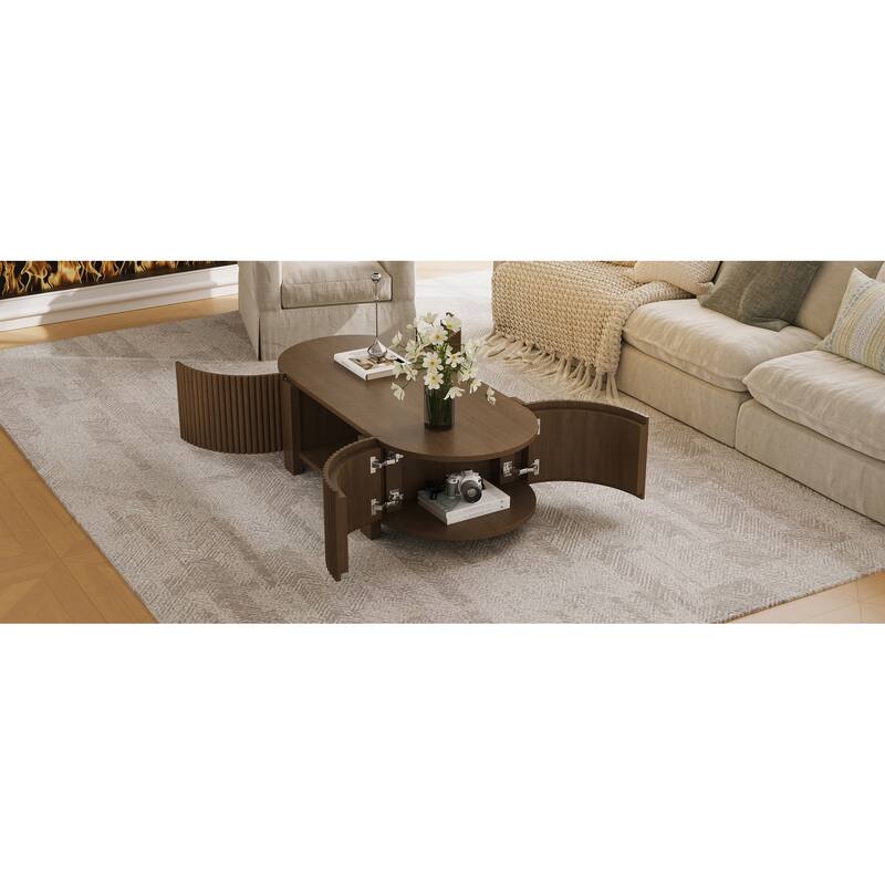 47" Coffee Table for Living Room, Wood Center Table, Tea Table, Storage Table with Sliding Doors, Modern Oval End Table