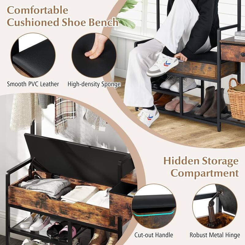 70" Freestanding Hall Tree Coat Rack with Shoe Storage Bench