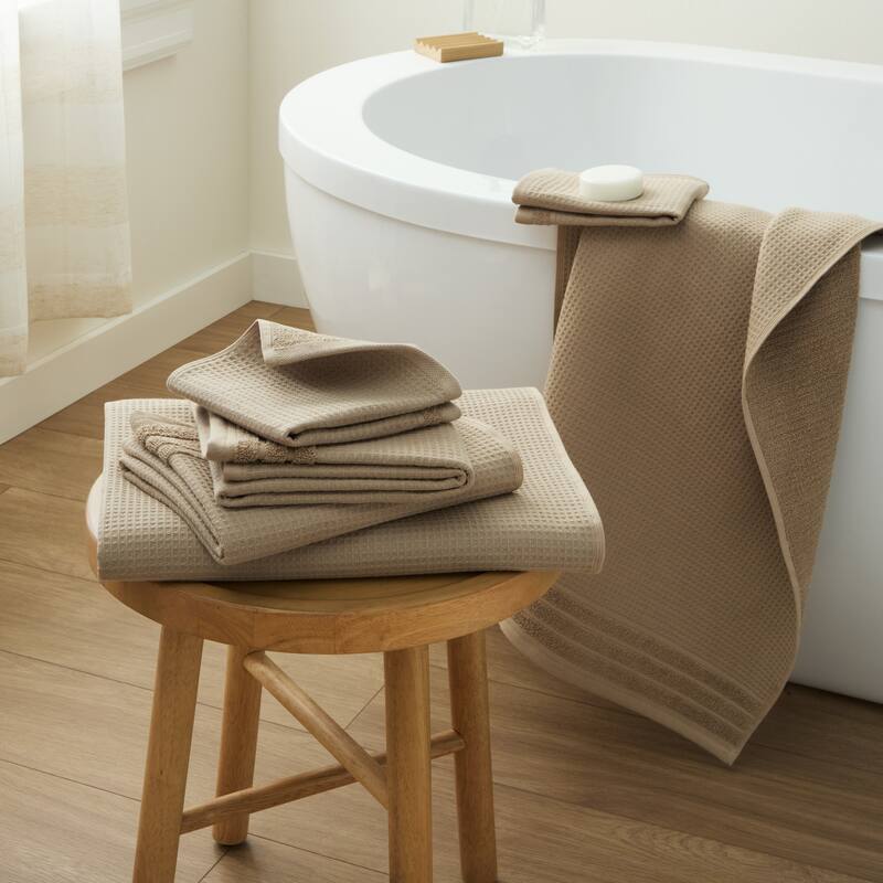 TOWN & COUNTRY BASICS 6-Piece Assorted Waffle Woven Terry Stripe Set, 2 Bath, 2 Hand, 2 Wash, 100% Cotton, Quick Dry