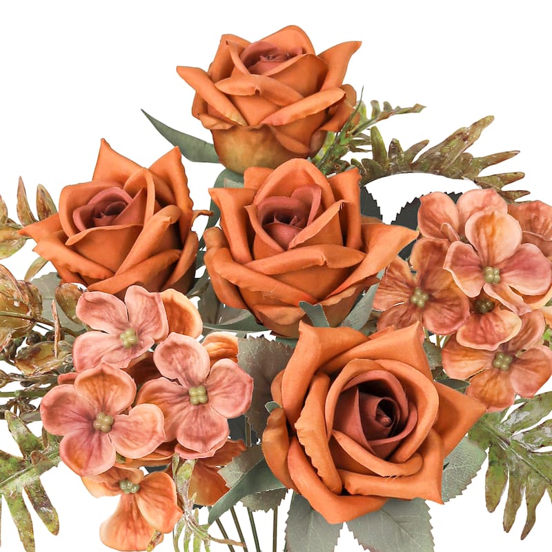 Set of 2 Orange Brown Artificial Mixed Tea Rose Hydrangea Berry Flower Stem Bush Bouquet 15in - 15" L x 9" W x 9" DP