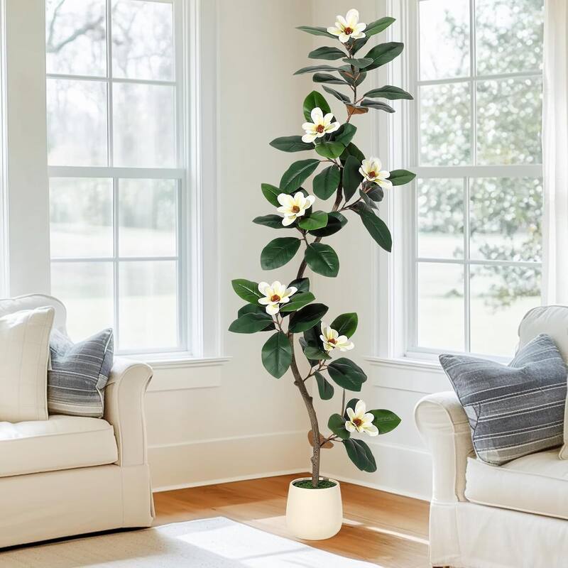 Artificial Faux Rubber Tree with Magnolia Flowers for Home Decor - 6 ft