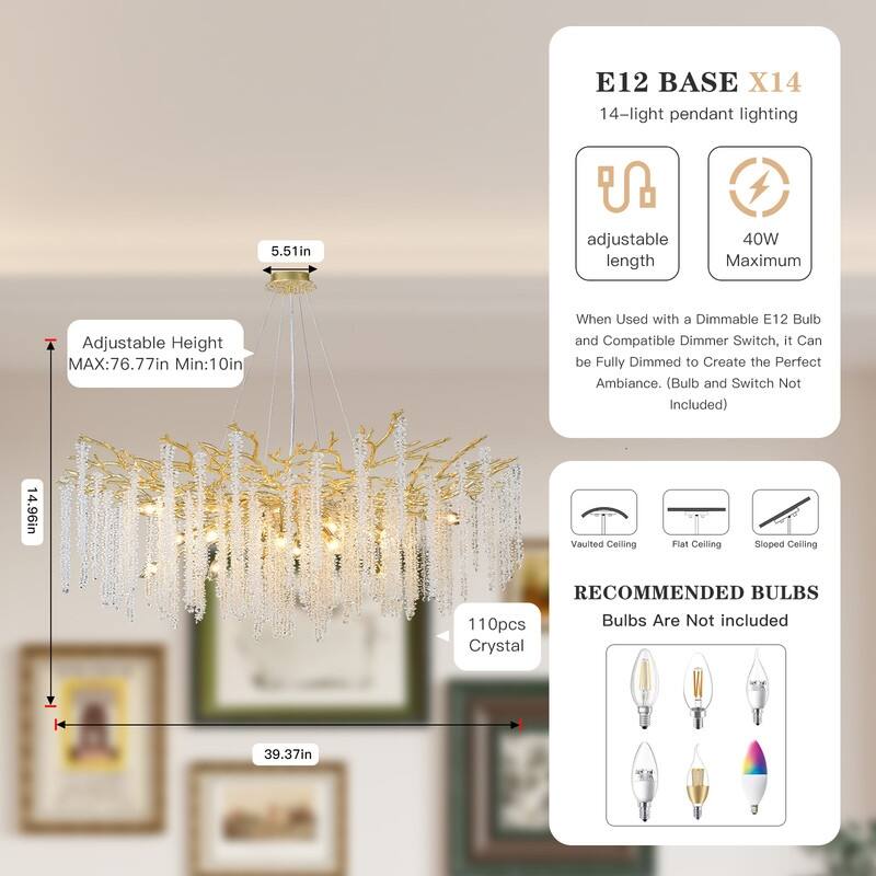 Golden Crystal Branch Chandelier Luxury Adjustable Lighting for Grand Entryways