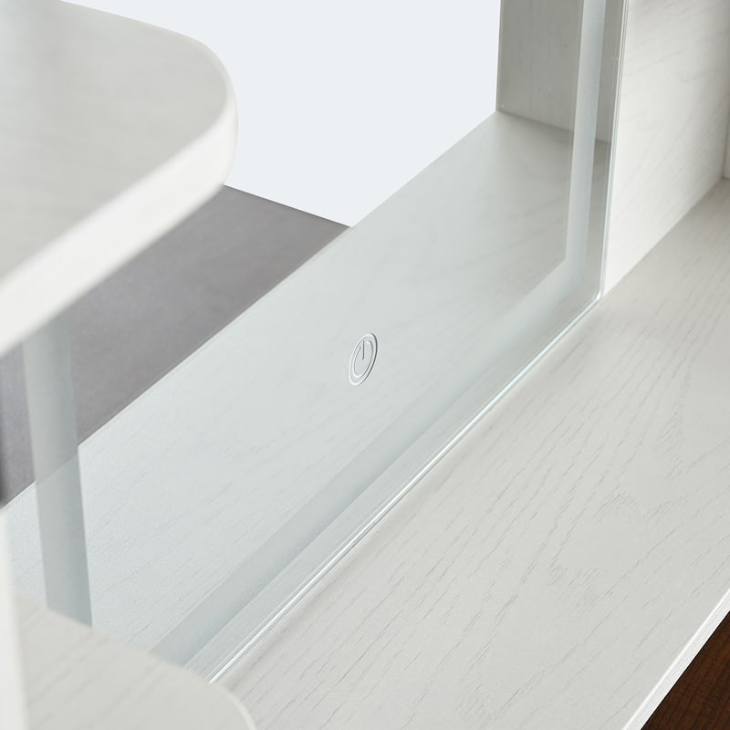 Rustic Makeup Vanity Desk with 3 Color Adjustable Touch Control Mirror, Built-in Power Outlets Dressing Table Set with Stool