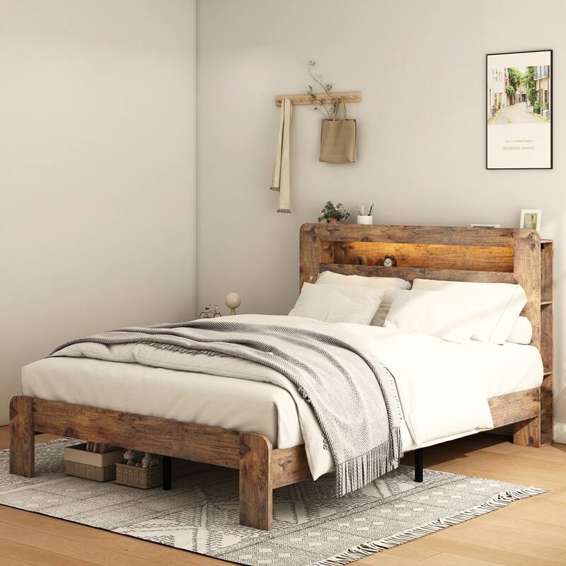 Wood Platform Bed Frame with Storage LED Light Headboard and 2 USB