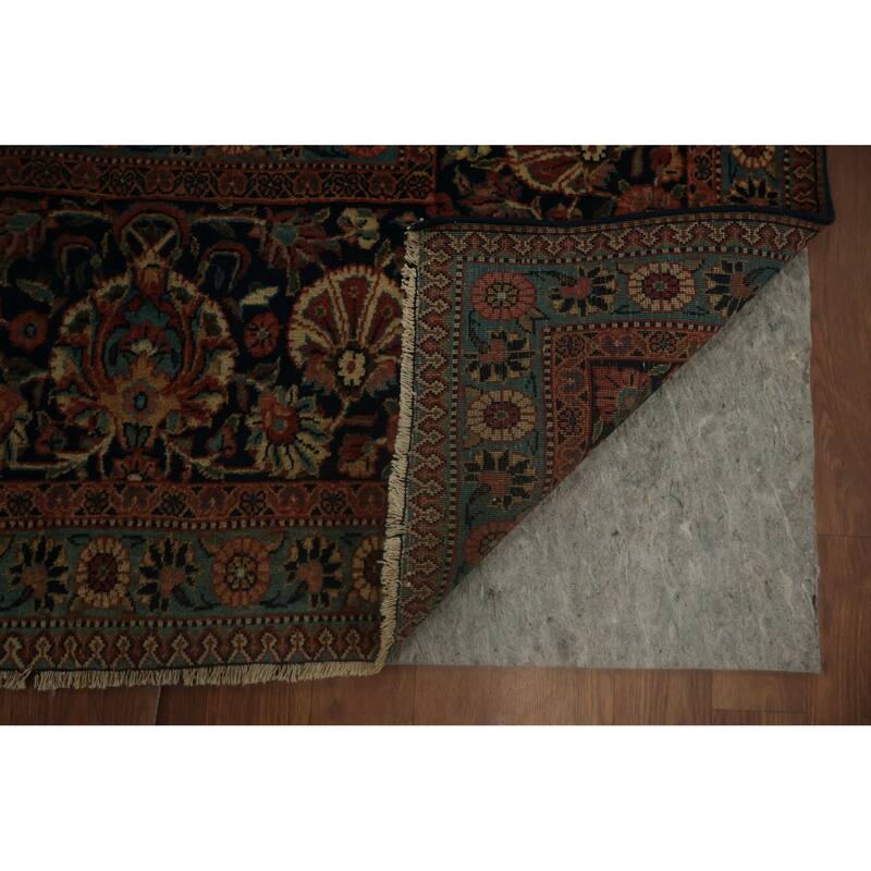 Hand Knotted Oriental 100% Wool Carpet Traditional Floral Navy Blue & Blues Kashan (Dabir) Area Rug - 11' 2'' X 8' 6''