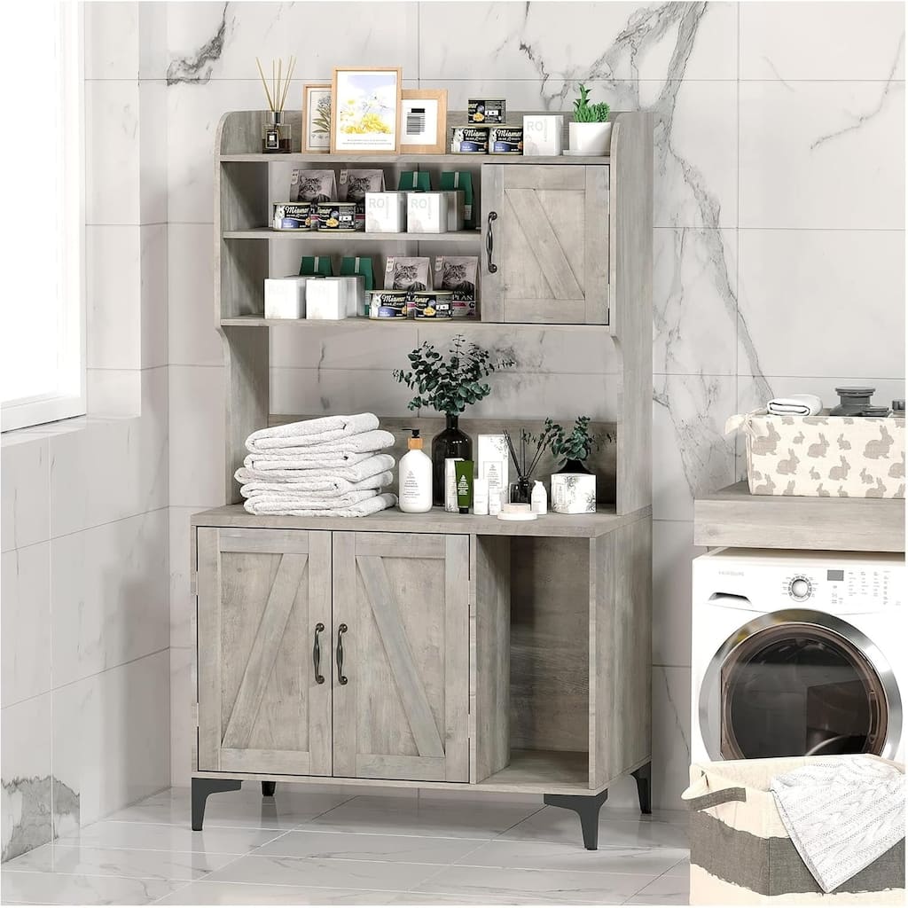 Gray Wood Cat Litter Box Enclosure with 4-Layer Storage