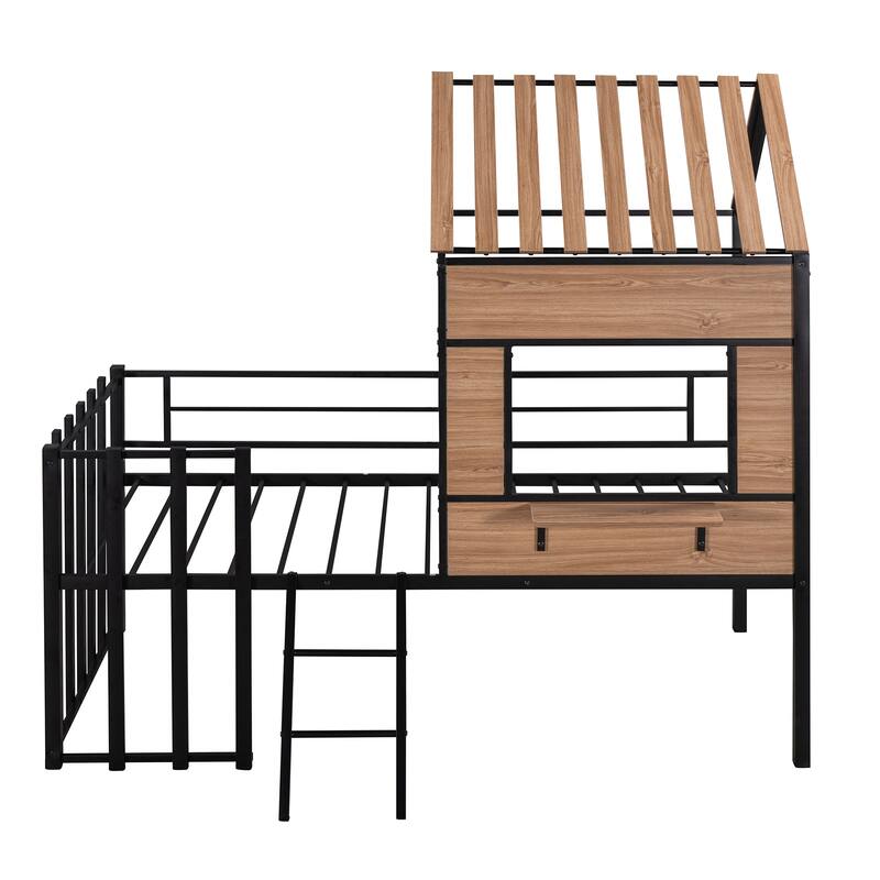 House-Shaped Metal Loft Bed with Roof, Window, Guardrail, and Ladder