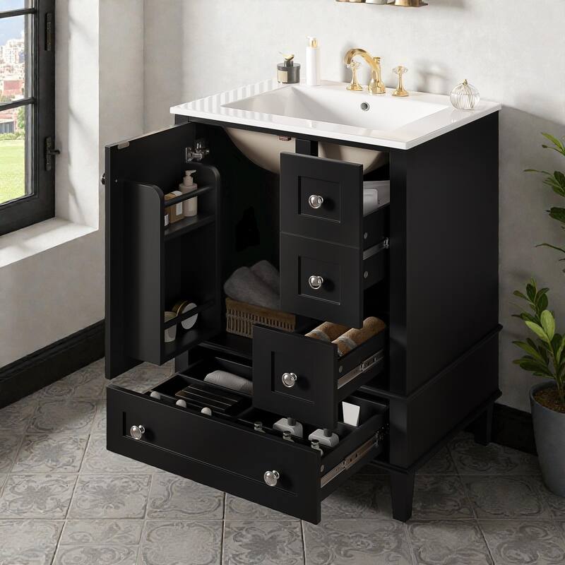 24" Bathroom Vanity with Integrated Ceramic Sink, Soft-Close Drawers and Door, Cabinet with Door Storage Rack