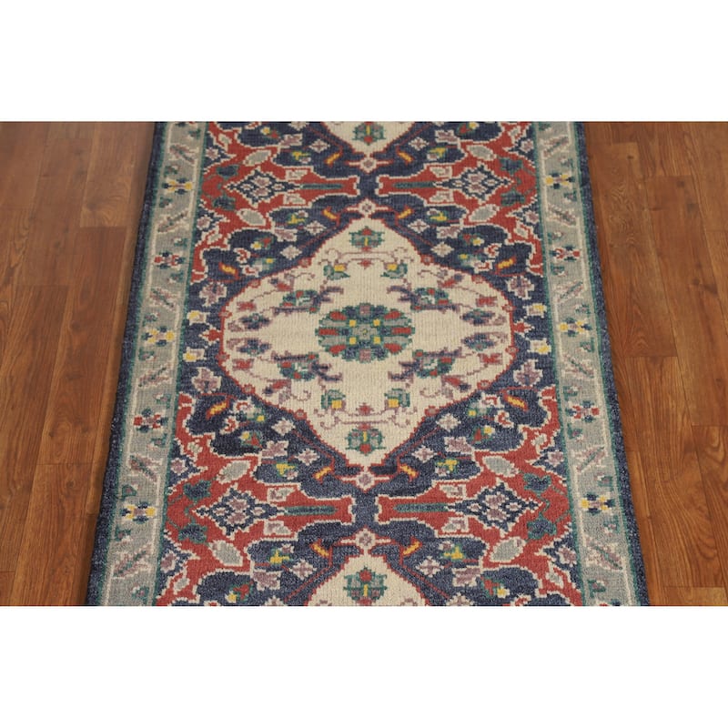 Hand Knotted Oriental 100% Wool Carpet Traditional Floral Navy Blue & Blues Heriz (serapi) Runner Rug - 8' 1'' X 2' 7''