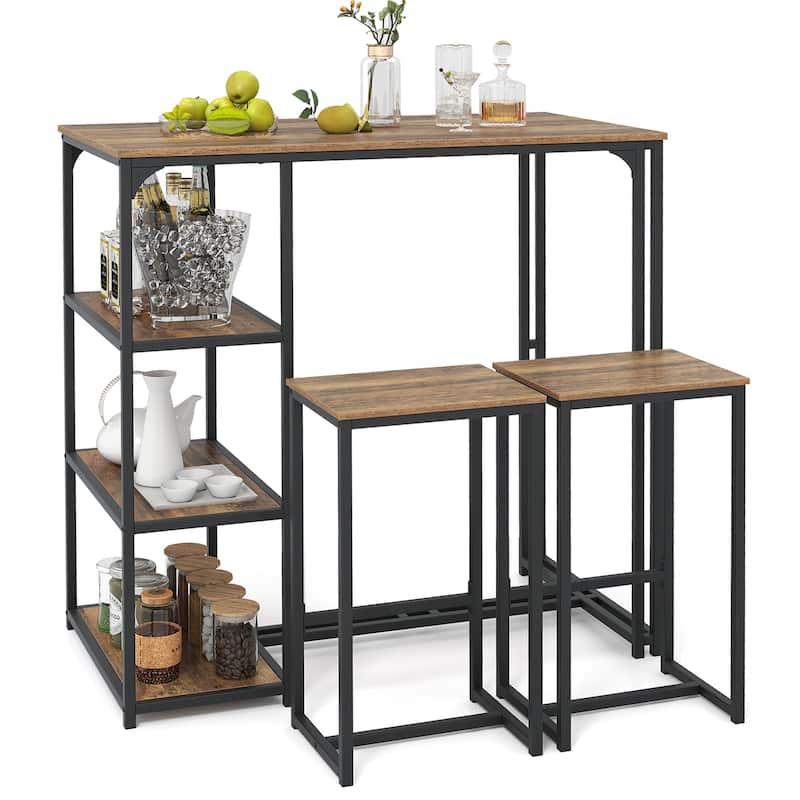 3-Piece Bar Height Table and Stools Set Metal Frame MDF Top with Side Storage for Kitchen - 44" x 24" x 44"(L x W x H)