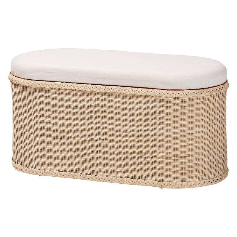 Barid Braided Natural Rattan Storage Bench with Lift-Top - Coastal Boho Chest for Bedroom or Living Room, Natural - Natural - 39" Oval