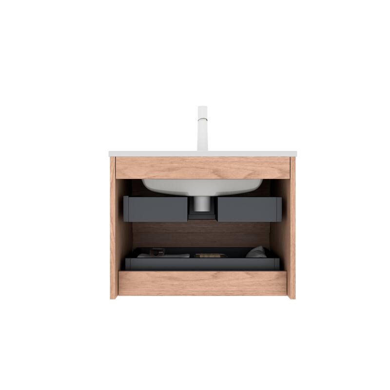 30" Bathroom Vanity with White Ceramic Sink, Natural Walnut Plywood Cabinet, 2 Spacious Drawers
