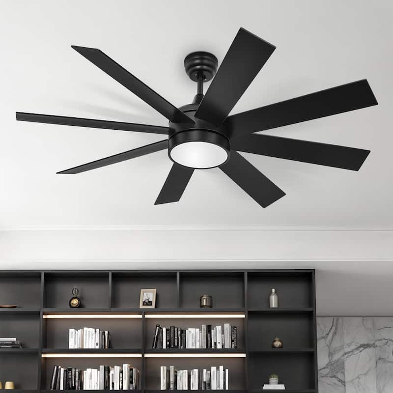 Moasis 60" Matte Black Modern 8-Blade LED Ceiling Fan with Light and Remote - Black