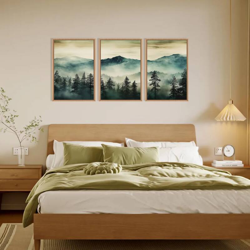 Green Foggy Forest Mountain Framed Canvas Wall Art Set