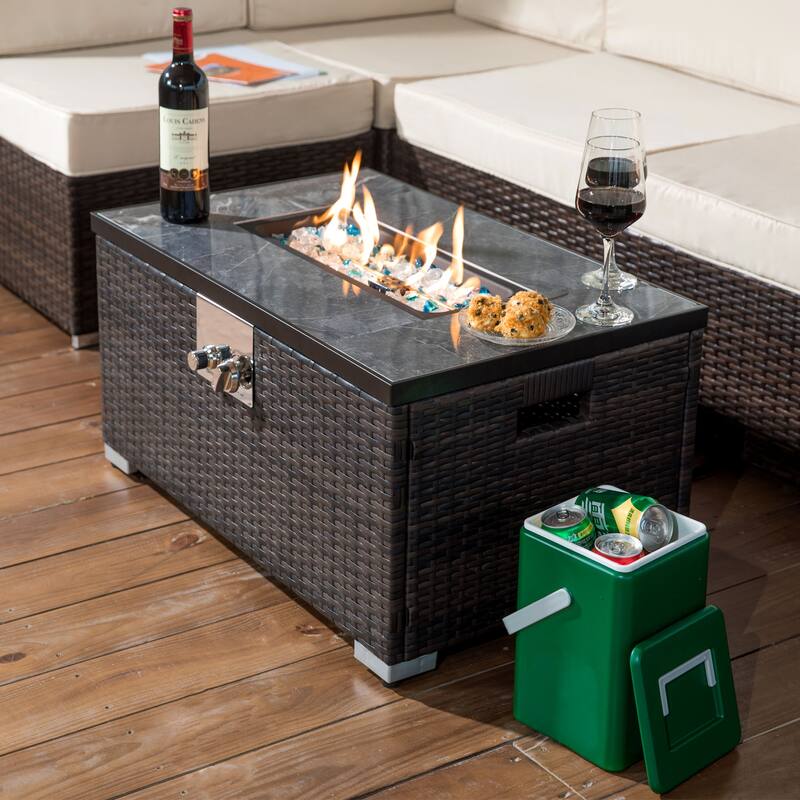 Outdoor Propane Fire Pit Rattan Gas Fire Table with Tile Tabletop