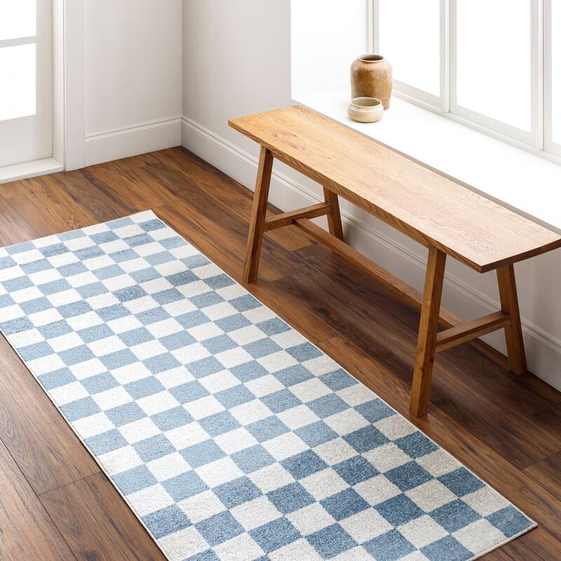 Livabliss Lillian Machine Washable Checkered Area Rug - 2' 7" x 7' 3" - Blue/Grey