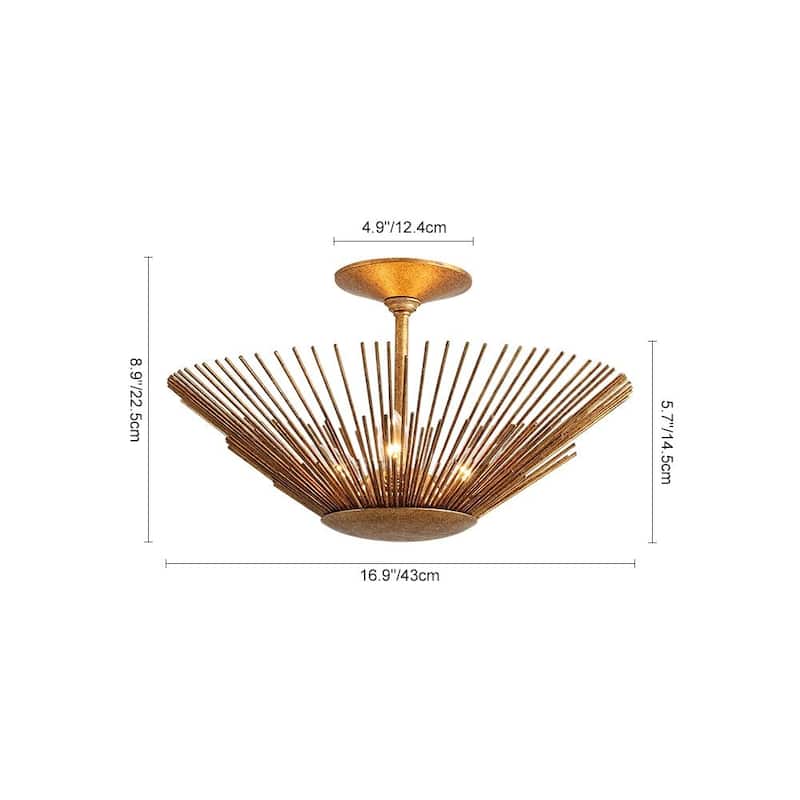 3-Light Vintage Luxe Gold Leaf Sunburst Semi Flush Ceiling Light