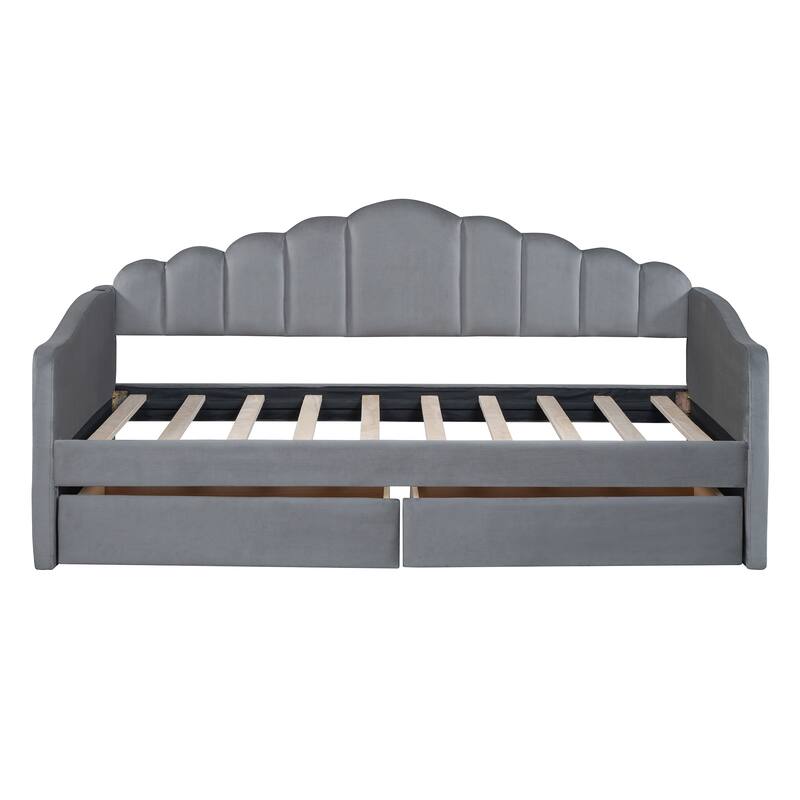 Modern Twin Daybed with Storage Drawers and USB Ports, Velvet Upholstered Frame